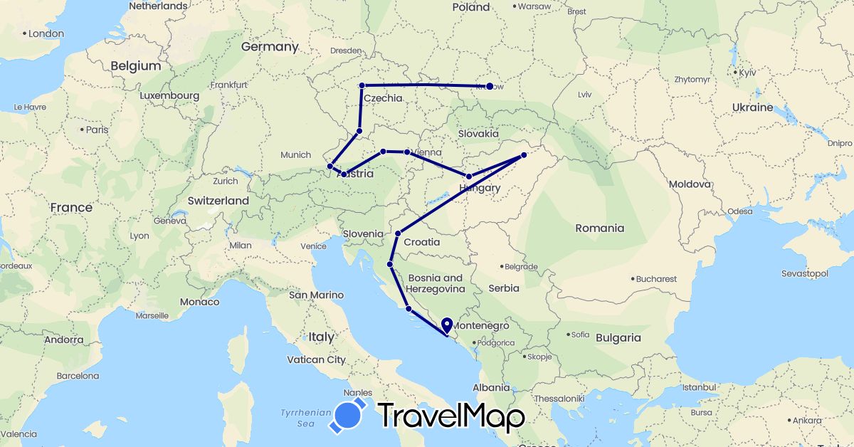 TravelMap itinerary: driving in Austria, Czech Republic, Croatia, Hungary, Poland (Europe)